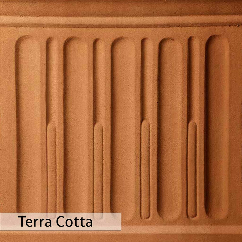 The Terra Cotta Patina for the Campania International Large Barca Planter  creates a warm, bold orange patina, blended to look like fired terra cotta clay.